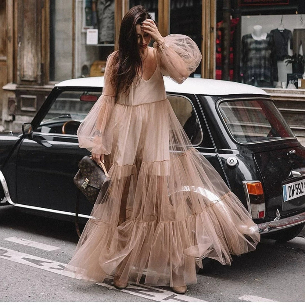 ZARA New Summer Deep Neckline Puff Sleeve Sheer Mesh Long Dress